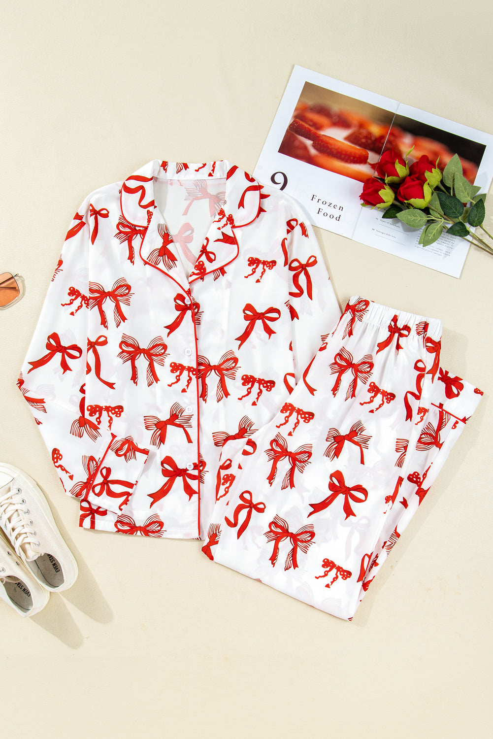 Red Christmas Bow Print Long Pajama Set
