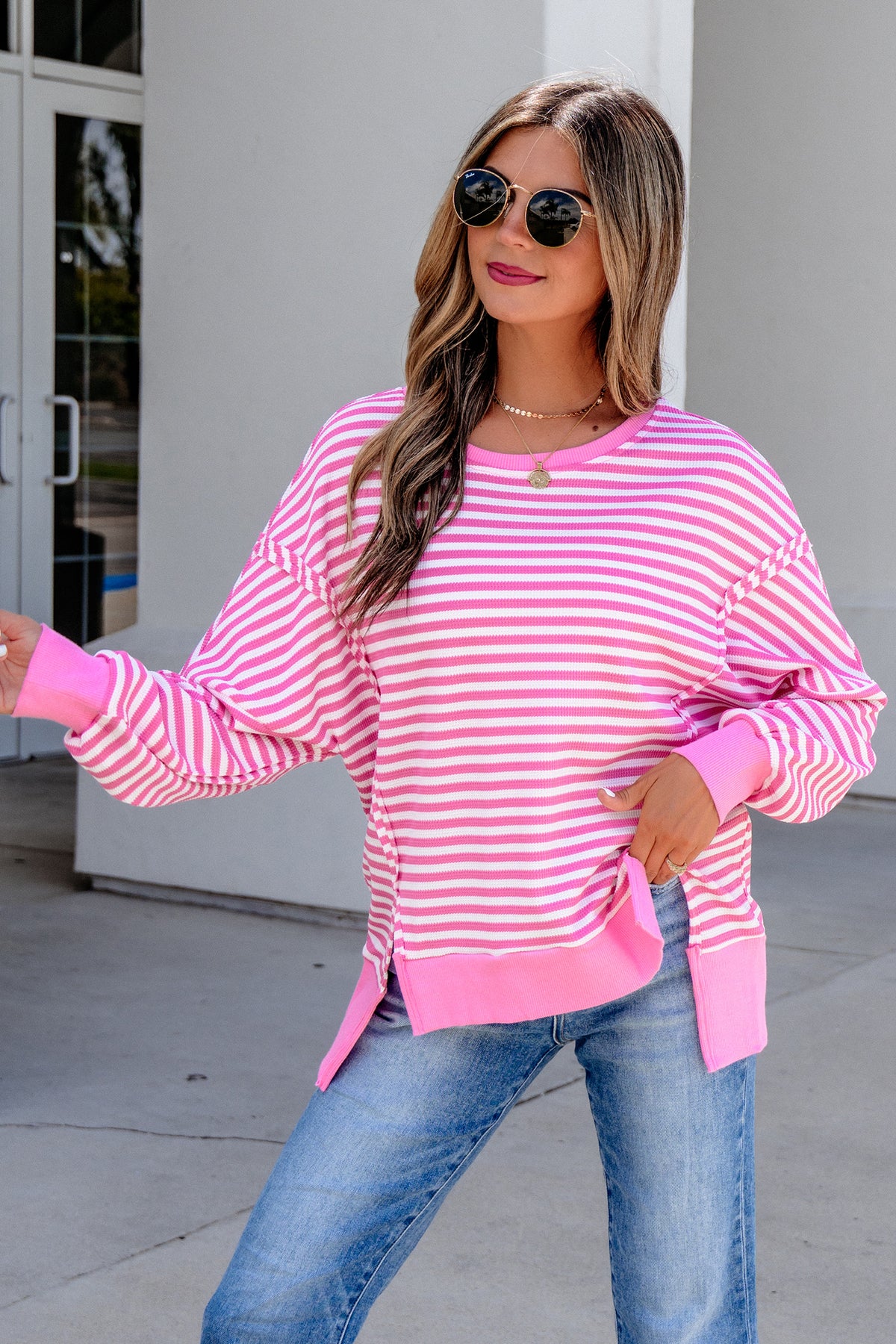 Pink Stripe Textured Knit Color Block Trim Top
