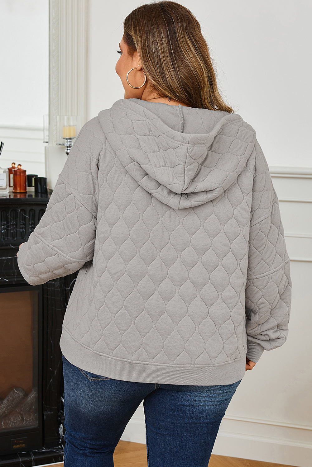 Women's Gray Quilted Quarter Zip Plus Size Hoodie Set