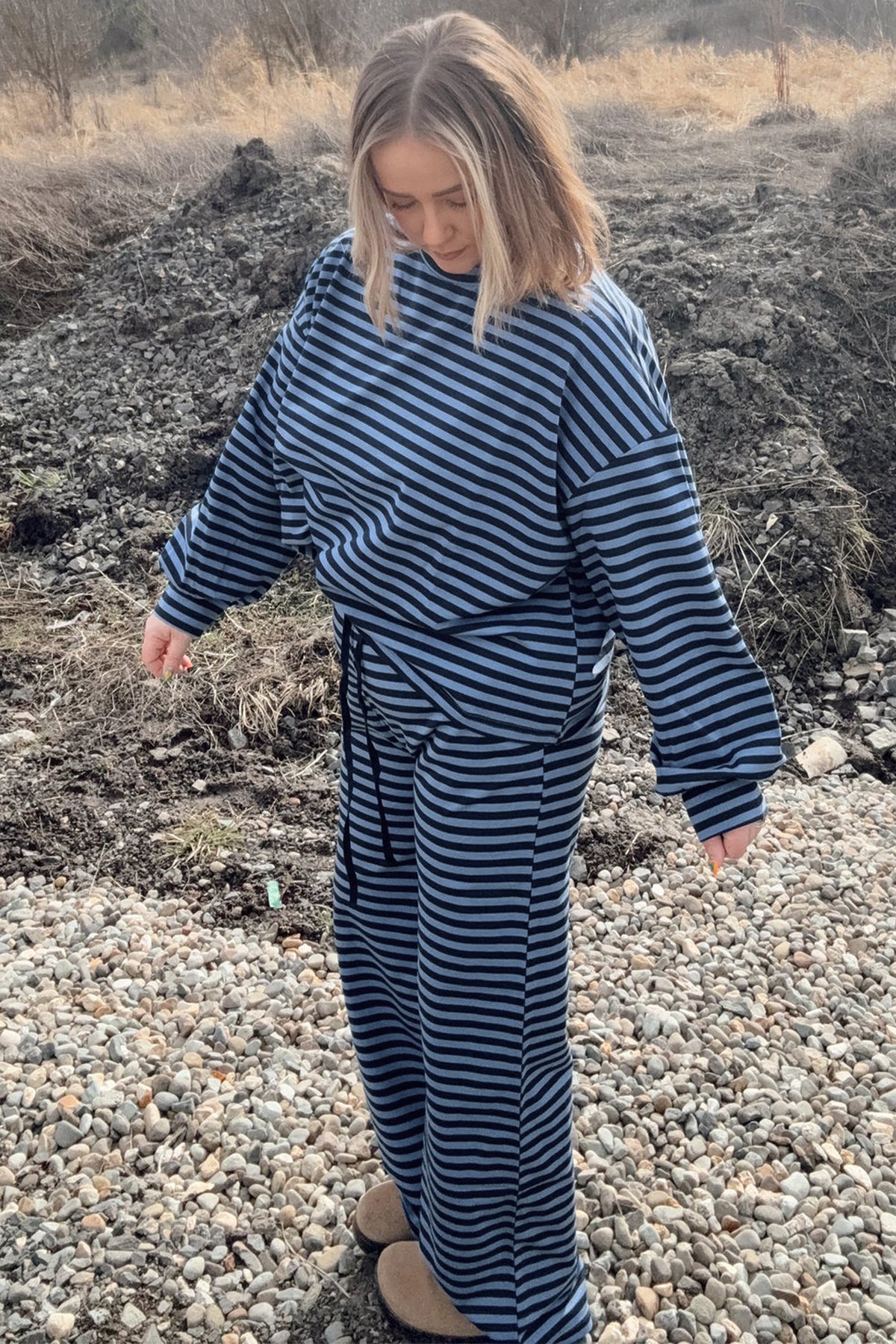 Blue Stripe Long-Sleeve Drawstring-Waist Plus Size Lounge Pants Set