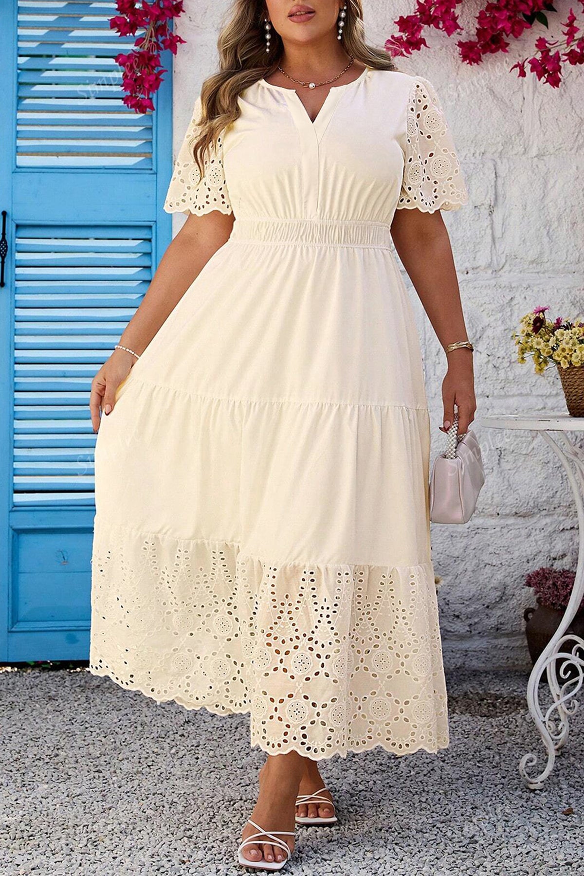 Apricot Plus Size V-Neck Lacy Embroidery Patchwork Short-Sleeve Maxi Dress
