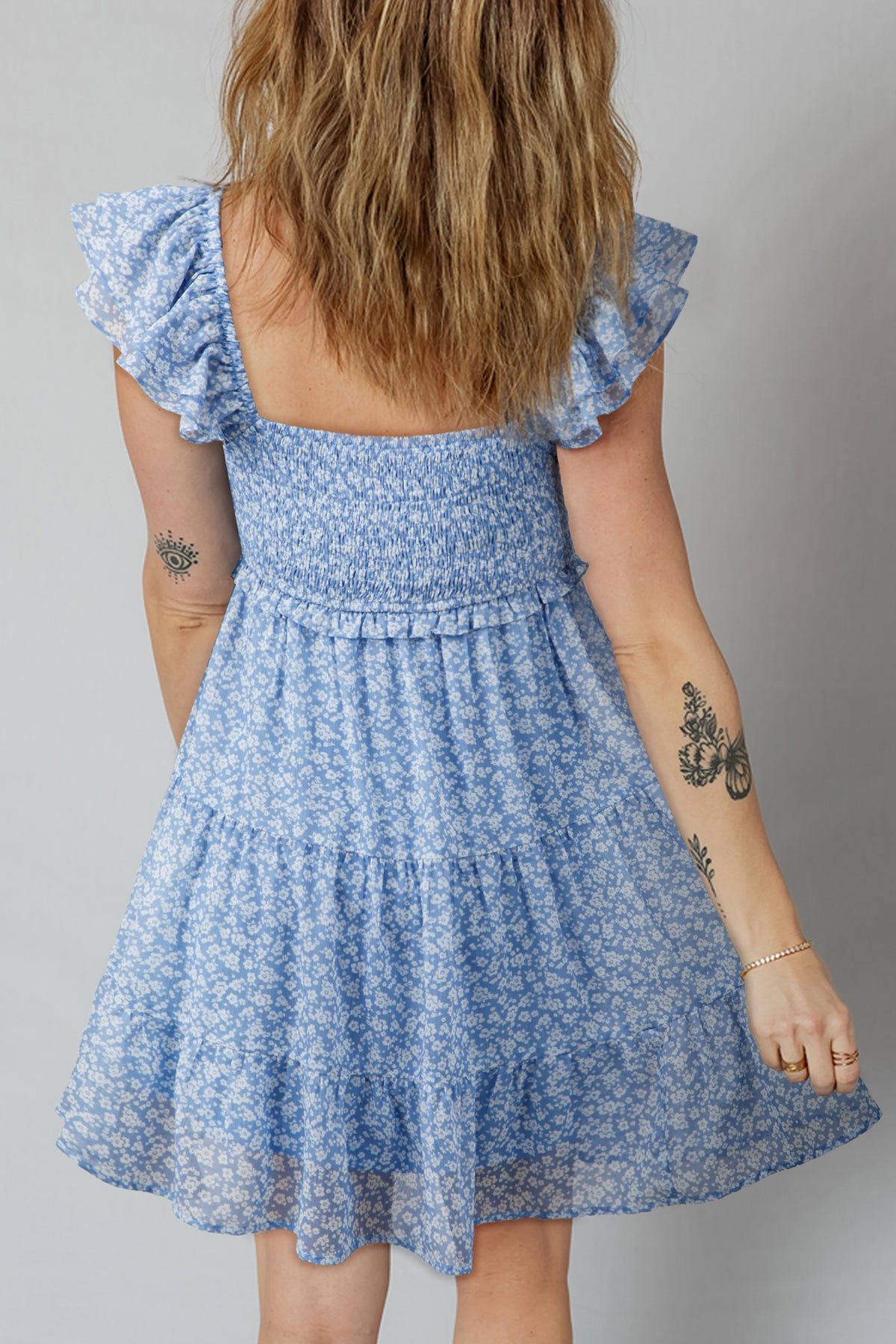Sky Blue Floral Square Neck Flutter Sleeve Smocked Tiered Mini Dress