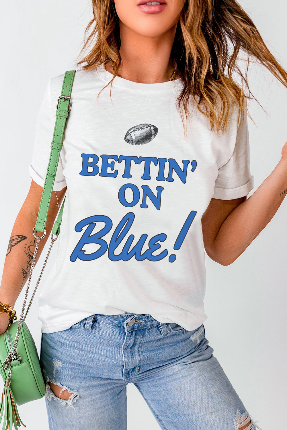 White Rugby Football BETTIN ON Blue Graphic Crewneck T-Shirt
