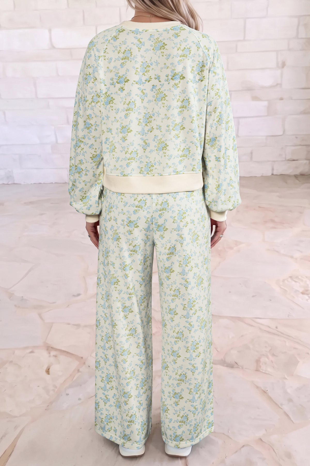 Women's Sky Blue Floral Print Long-Sleeve Top Drawstring Wide-Leg Pants Set