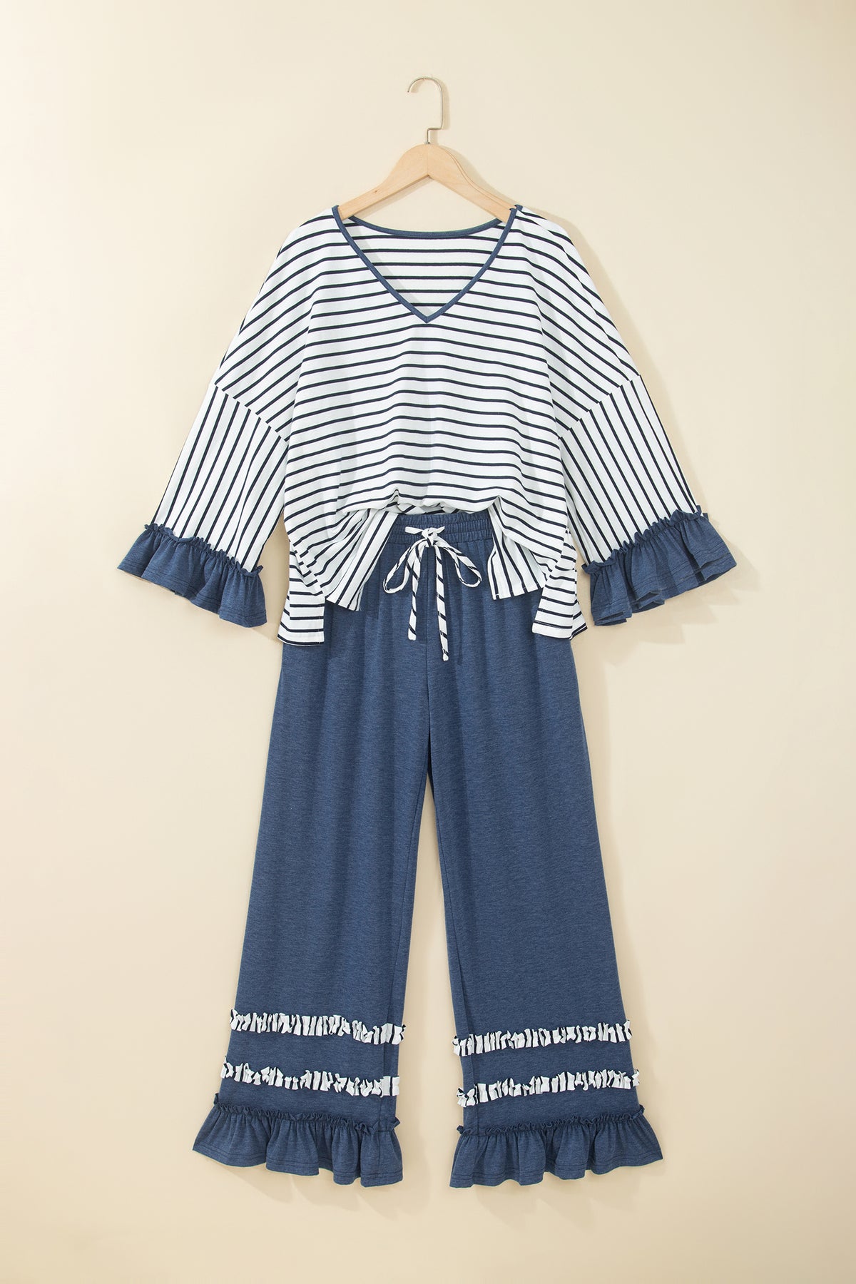 Women's Khaki Stripe V-Neck Ruffle Contrast Sleeve Top Drawstring Pants Two-Piece Set