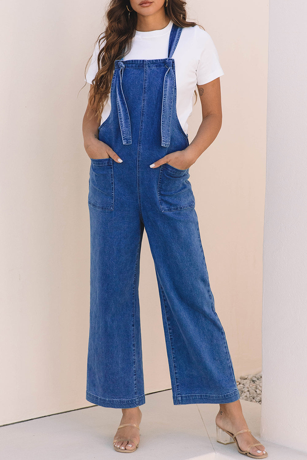 Prussian Blue Mineral Wash Knotted Strap Patched Pocket Wide Jumpsuit