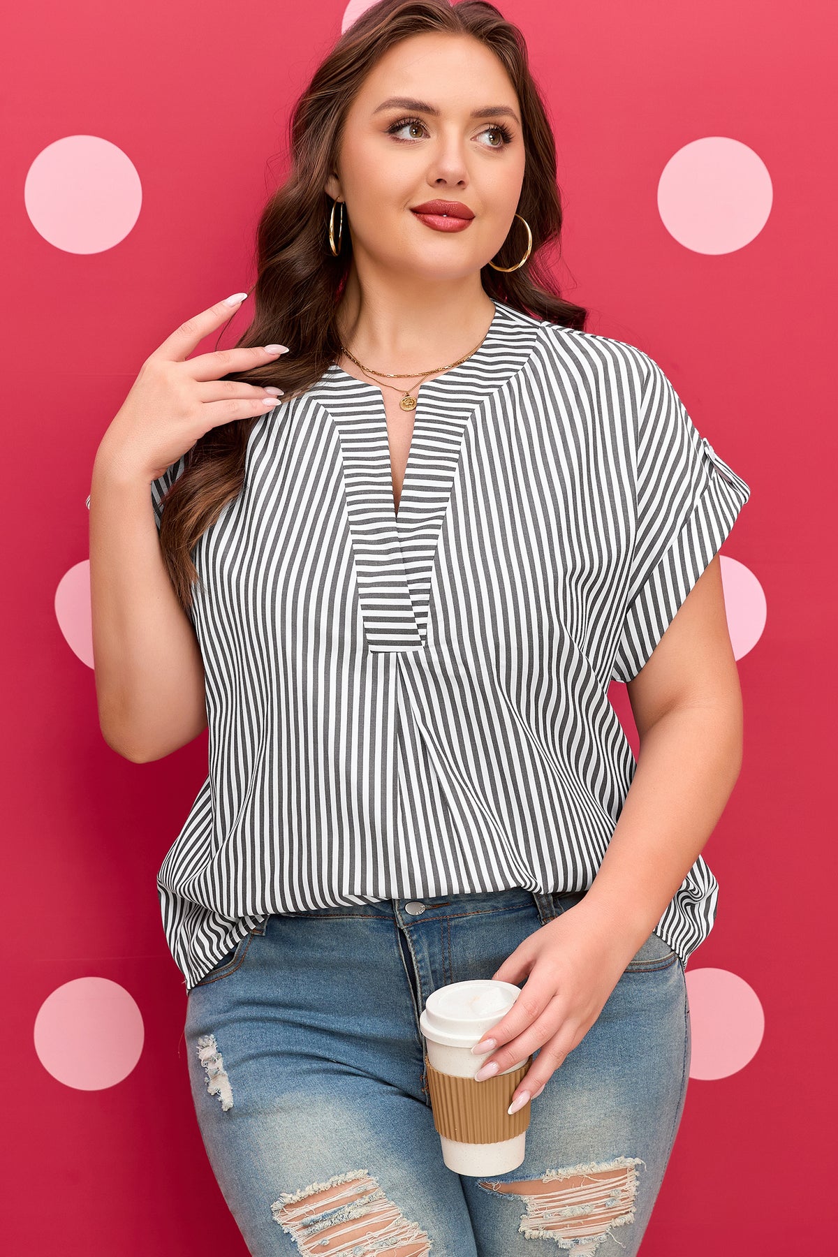 Black Stripe Plus Size V-Neck Roll-tab Short Dolman Sleeve Blouse