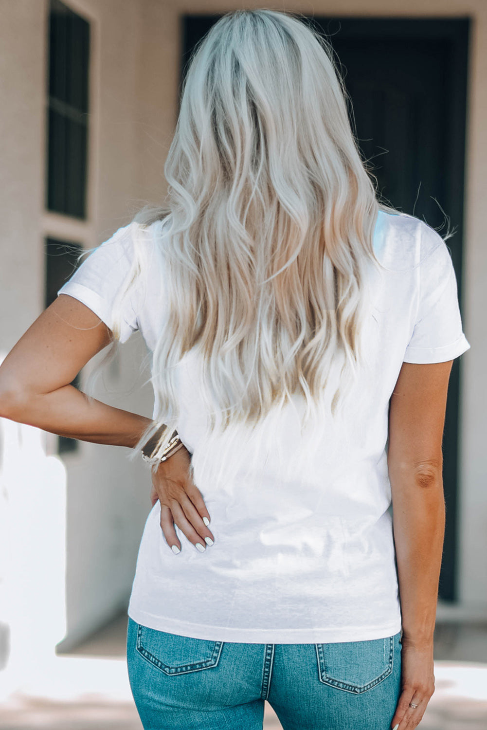 White USA Flag Sequin Patched Round Neck T-Shirt
