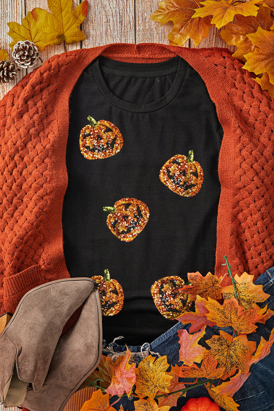Black Sequin Pumpkin Face Halloween T-Shirt