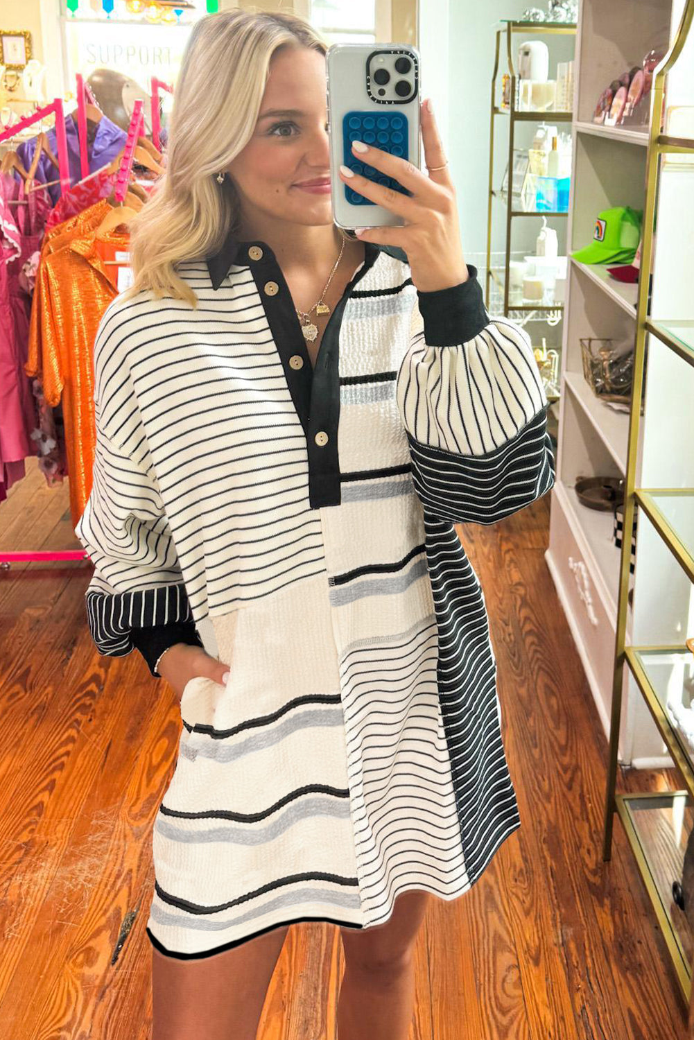 Black Stripe Colorblock Knit Henley Collar Shift Mini Dress