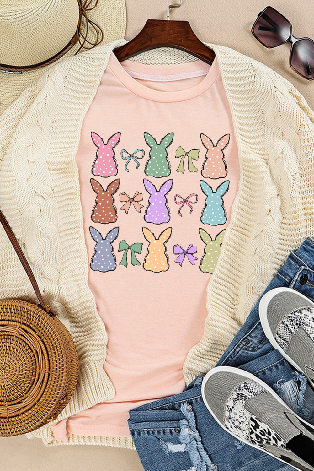 Pink Dotty Bunny Bow Printed Easter Day Fashion T-Shirt