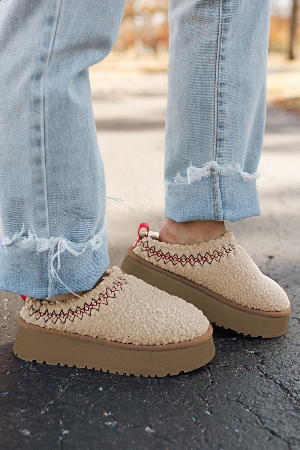 Oatmeal Soft Plush Embroidered Flat Platform Slippers