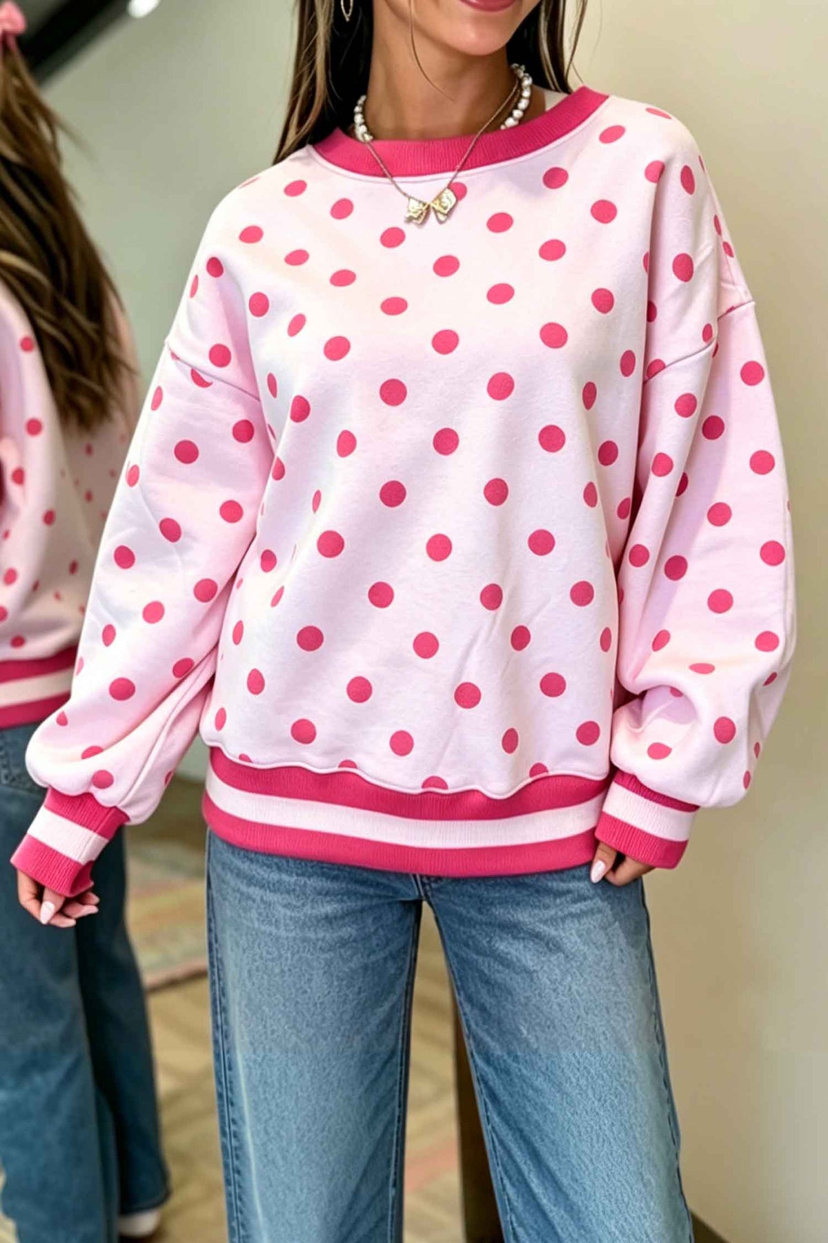 Pink Polka Dot Color Block Pullover Sweatshirt