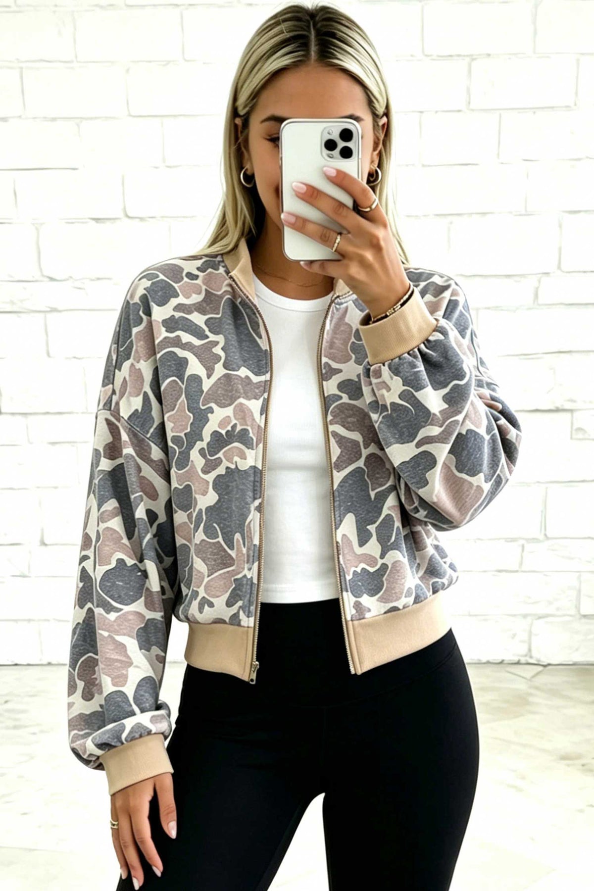 Multicolour Camouflage Print Zip Bomber Sweatshirt