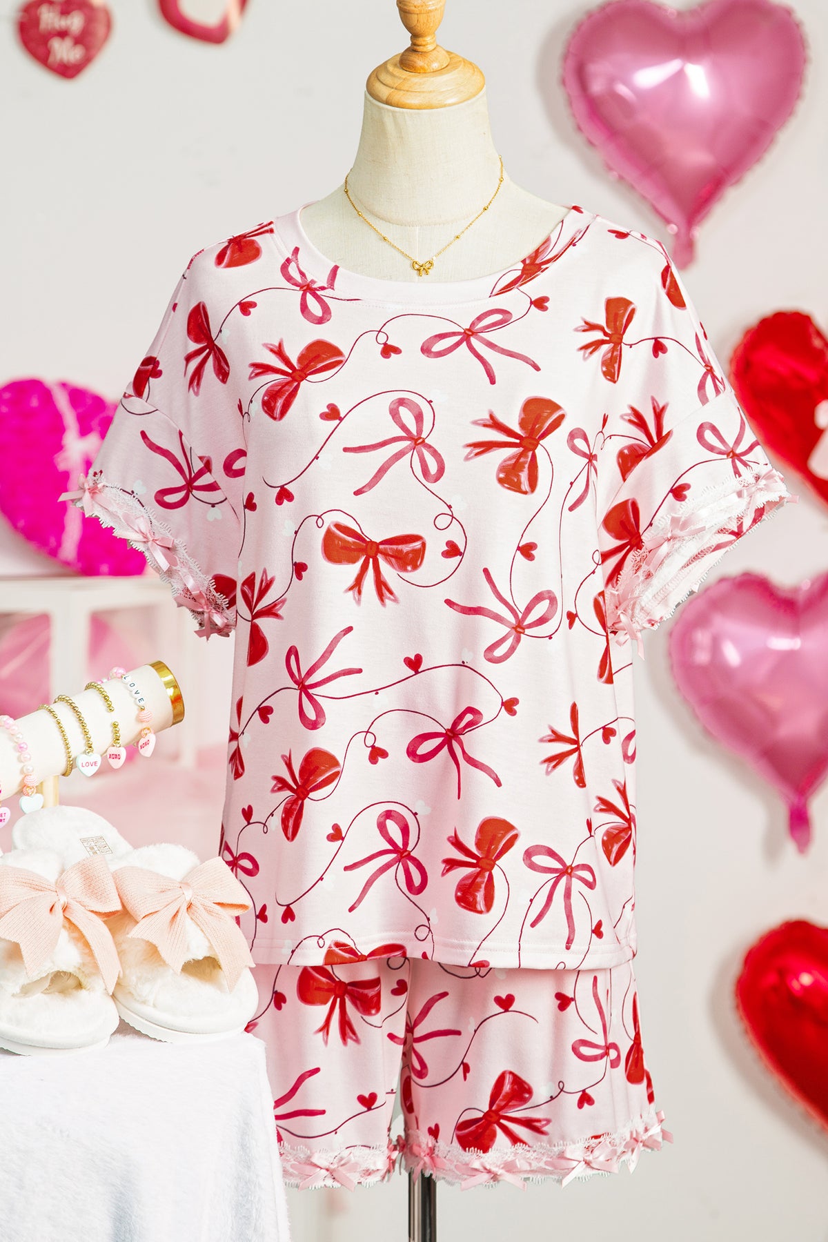 Red Romantic Bow Print Loose Tee Drawstring Shorts Lounge Set