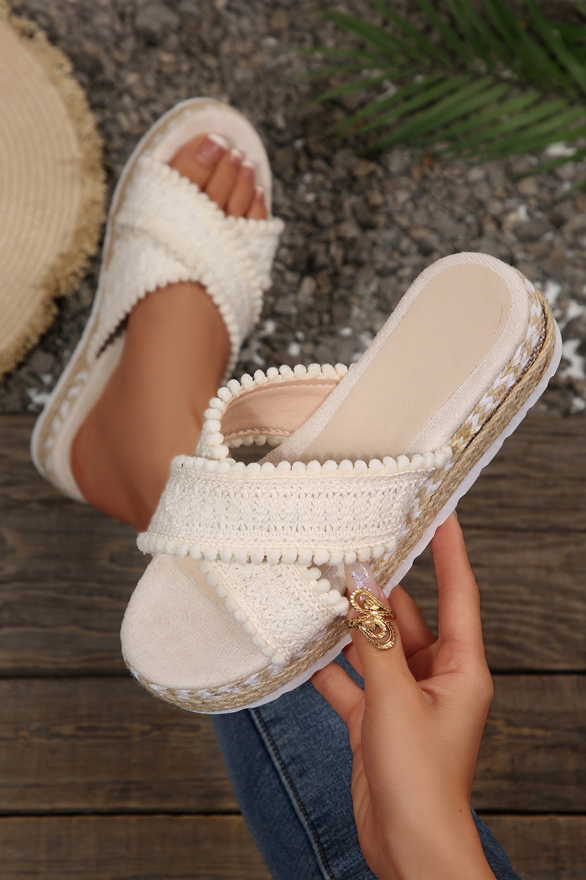 White Pompom Knit Platform Slide Sandals