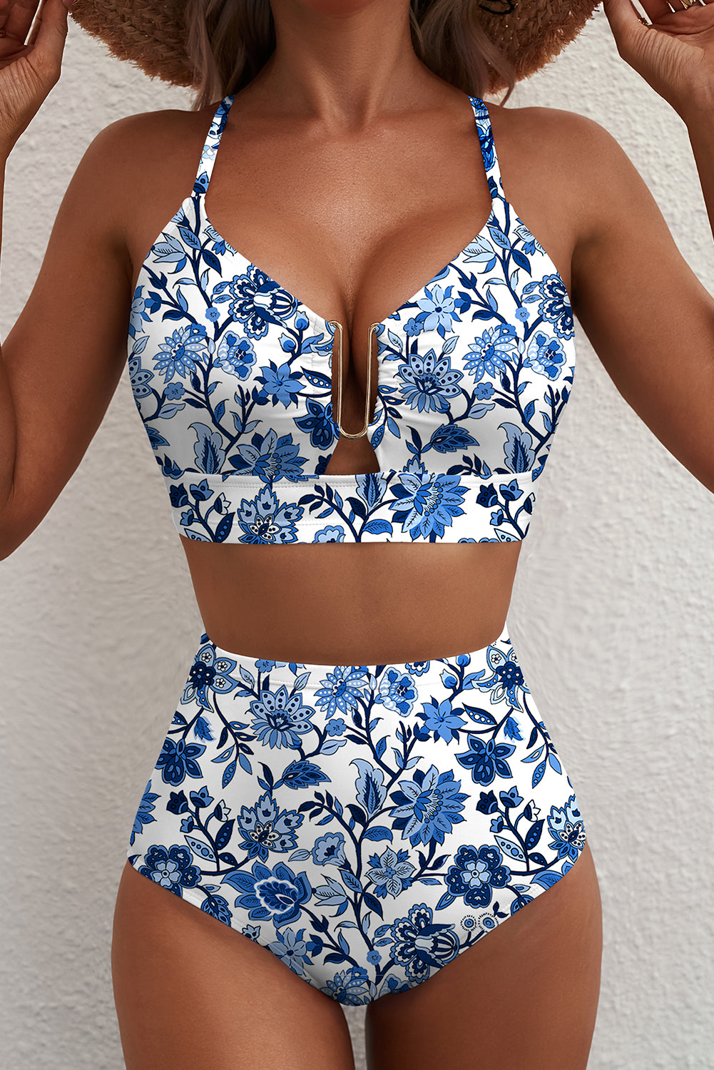 Blue Floral Notched-Neck High-Waist Bikini