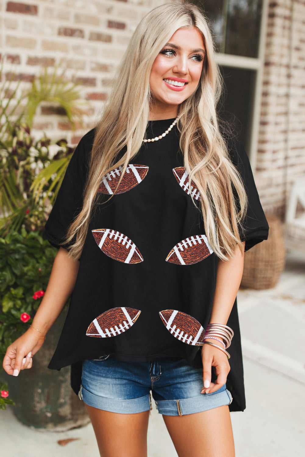 Black Sequin Rugby Football Patched Crewneck Loose T-Shirt