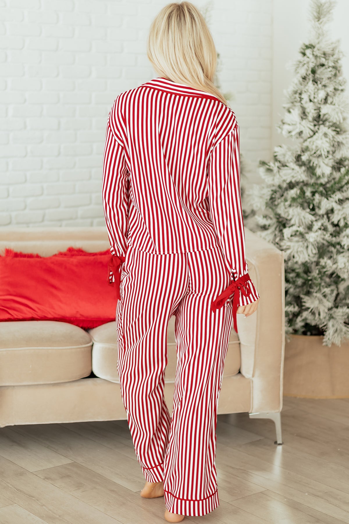 Red Stripe Contrast Velvet Trim Bow Knot Waist Pajama Set