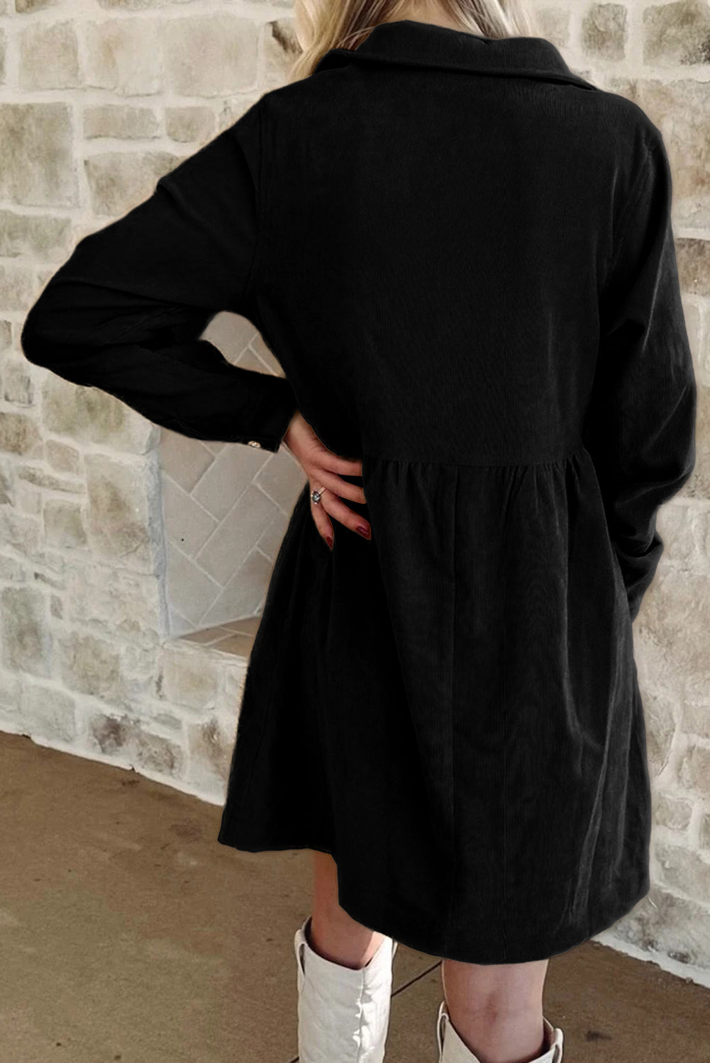 Black Corduroy Half Button Collared Long Sleeve Mini Dress