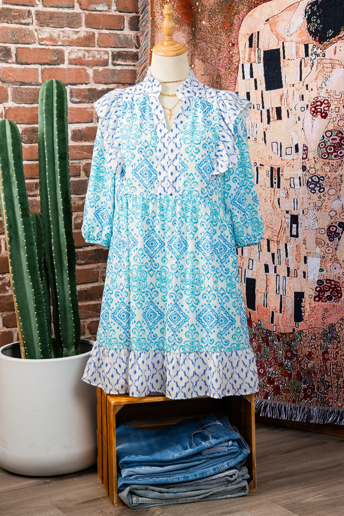 Sky Blue Boho Floral Geometric Patchwork Ruffle Puff Sleeve Mini Dress
