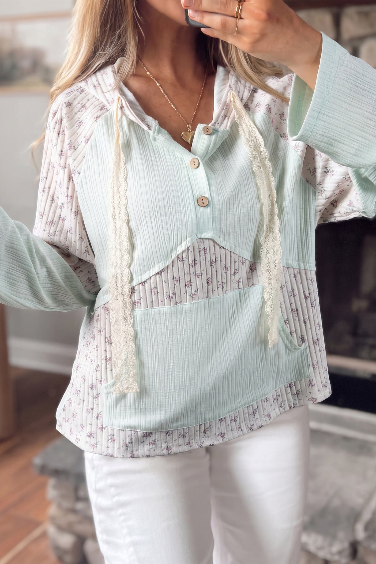 Clearly Aqua Textured Floral Patchwork Button Hooded Top