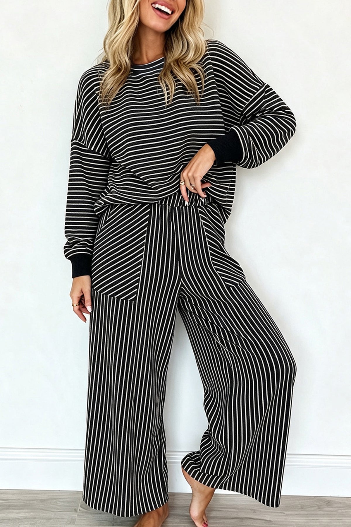 Black Stripe Twist Front Pullover and Pants Set