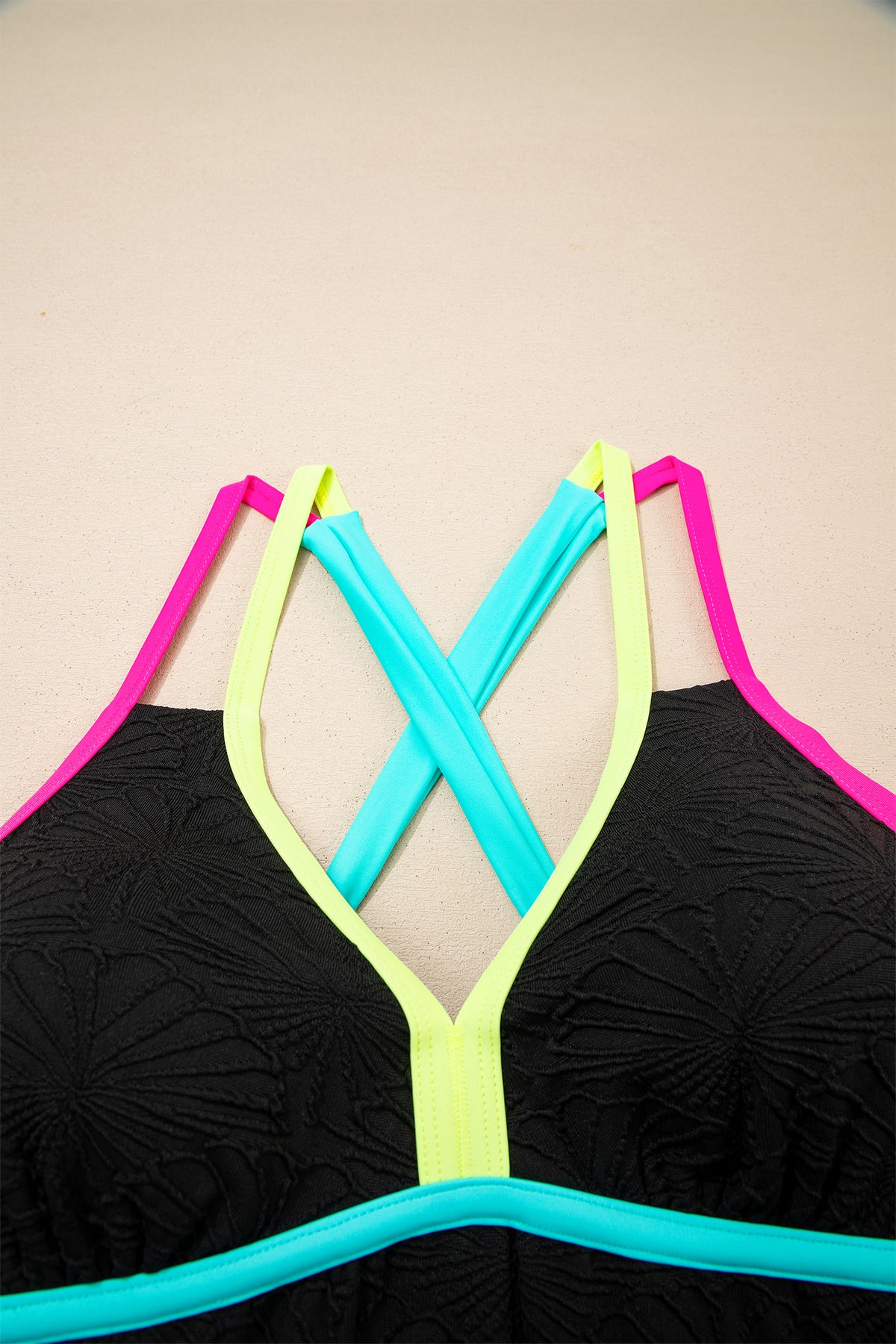 Black Floral-Texture Neon-Trim Tankini
