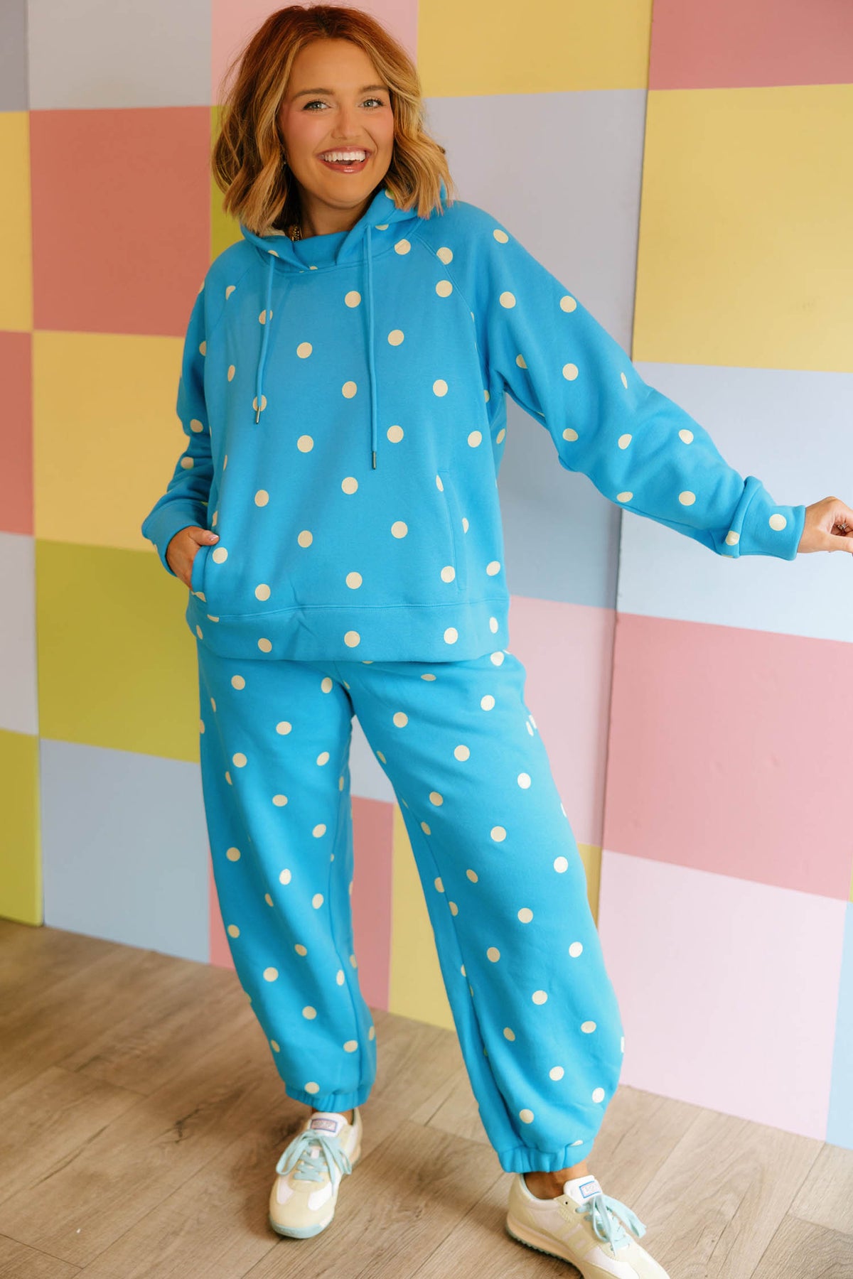 Blue Polka Dot Hooded Drawstring Long-Sleeve Plus Size Set