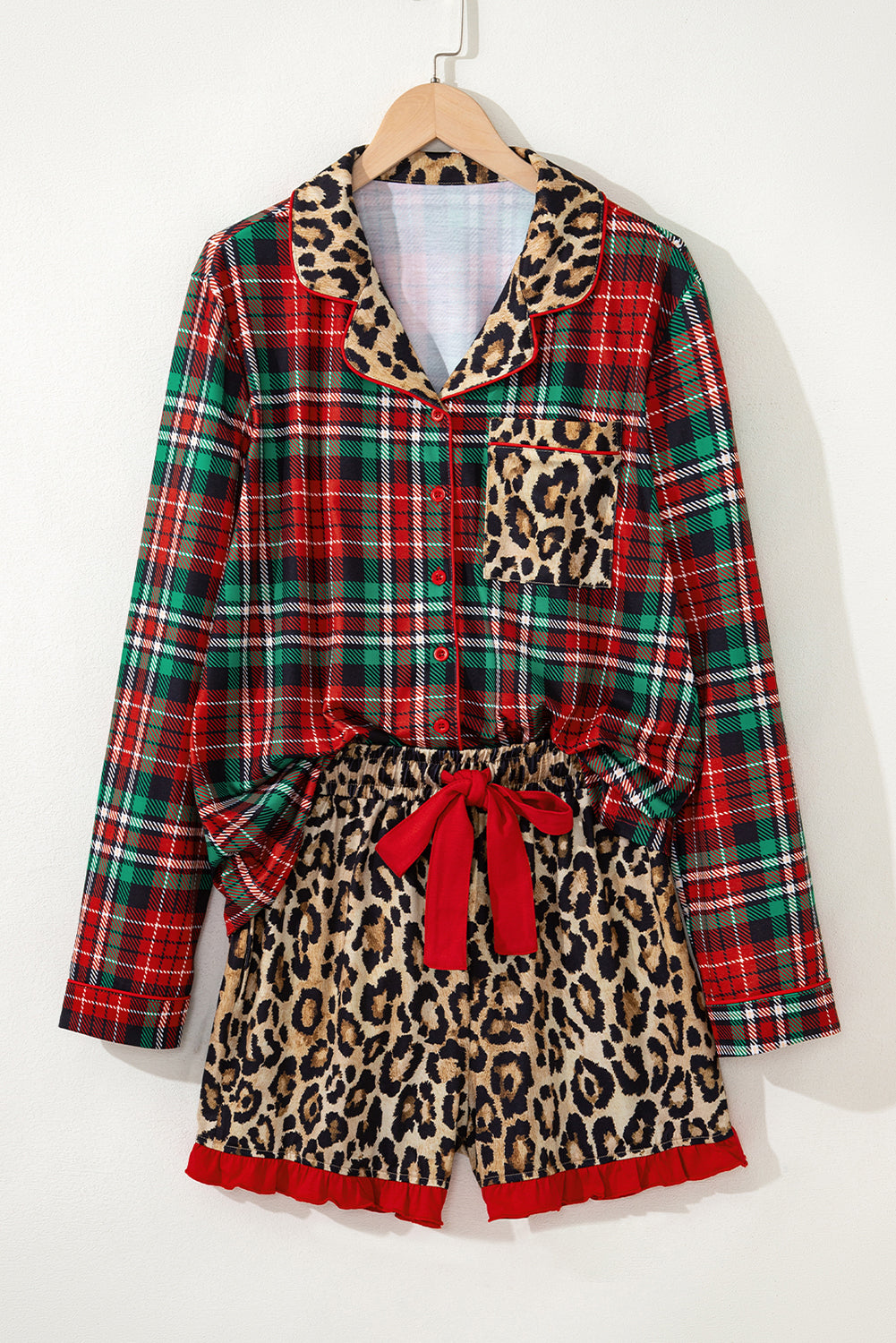 Racing Red Plaid Leopard Patchwork Long Sleeve Shorts Pajama Set