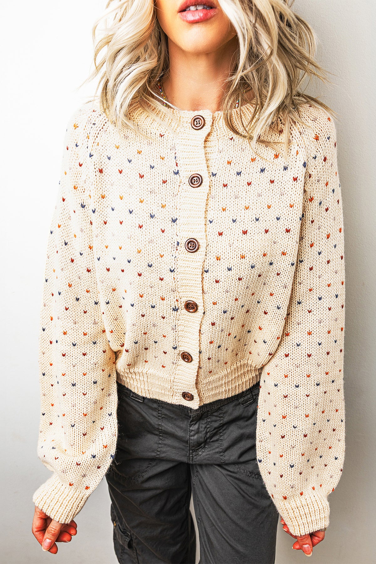 Beige Geometric Print Button Front Long Sleeve Cardigan