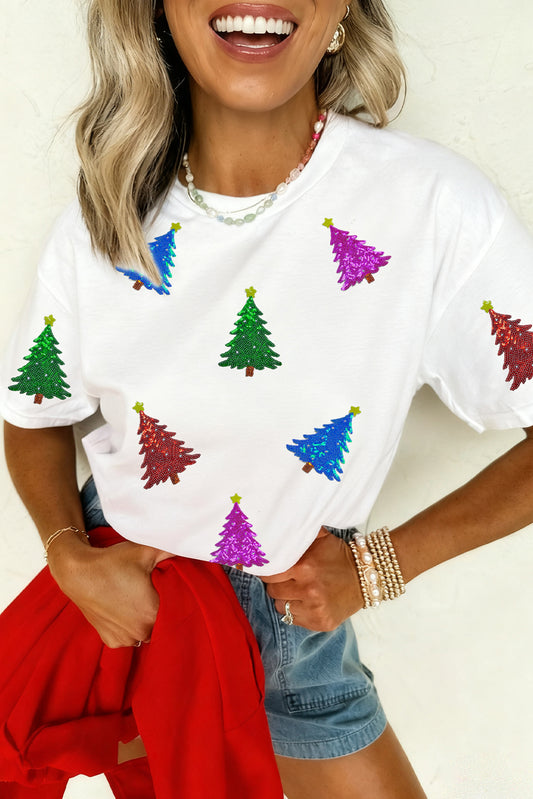 White Glitter Christmas Tree Pattern Cuffed Sleeve Christmas T-Shirt