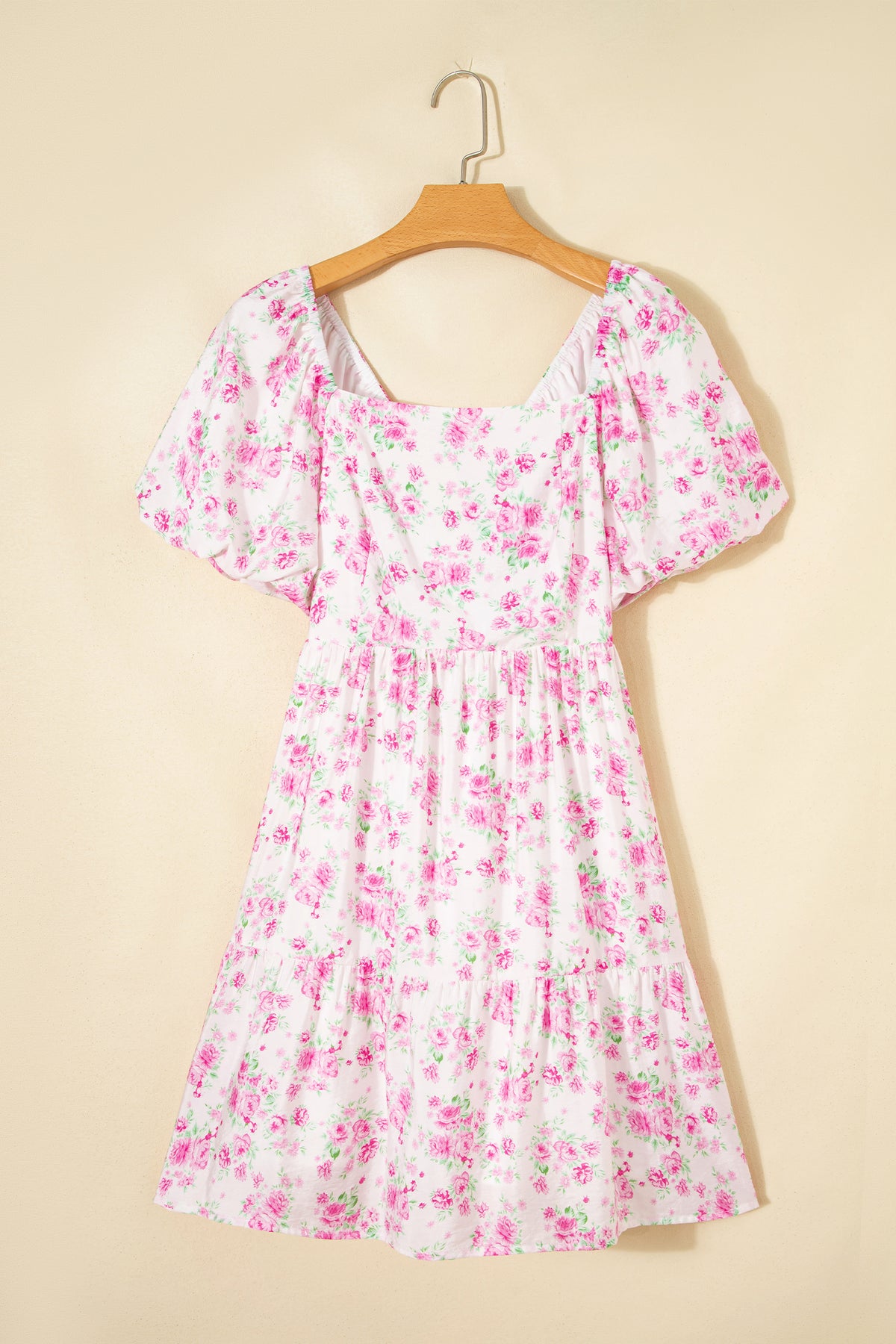 Pink Floral Bow Square-Neck Mini Dress