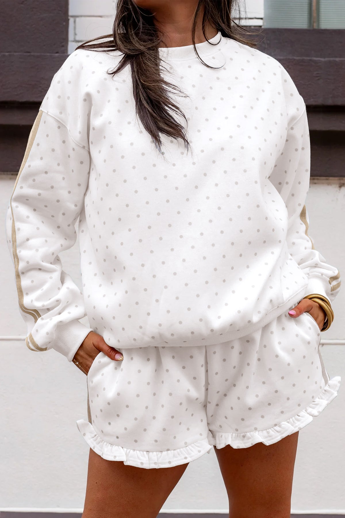 Women's White Polka Dot Print Side Stripe Detail Casual Sweatshirt Two-Piece Shorts Set