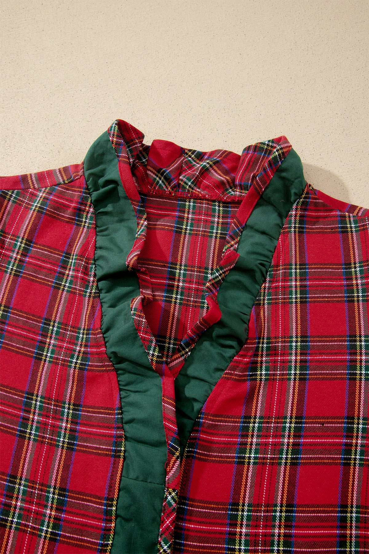 Red Plaid V Neck Ruffle Color Block Short Sleeve Shirt