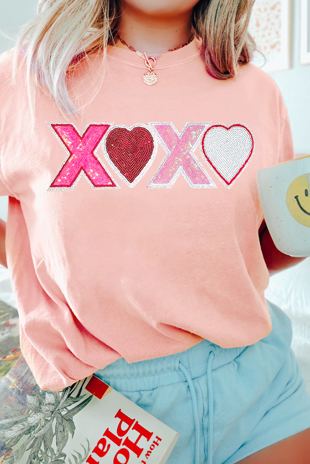 Pink Sequin Heart XOXO Patched Graphic Valentines T-Shirt