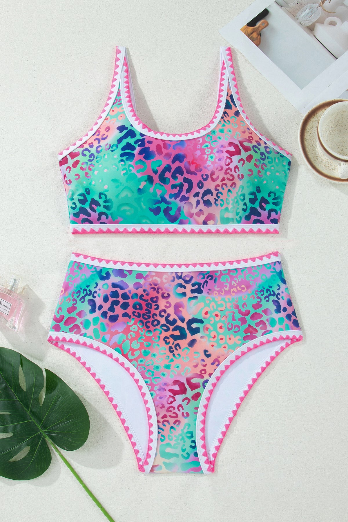 Pink Leopard Ricrac High-Waist Bikini