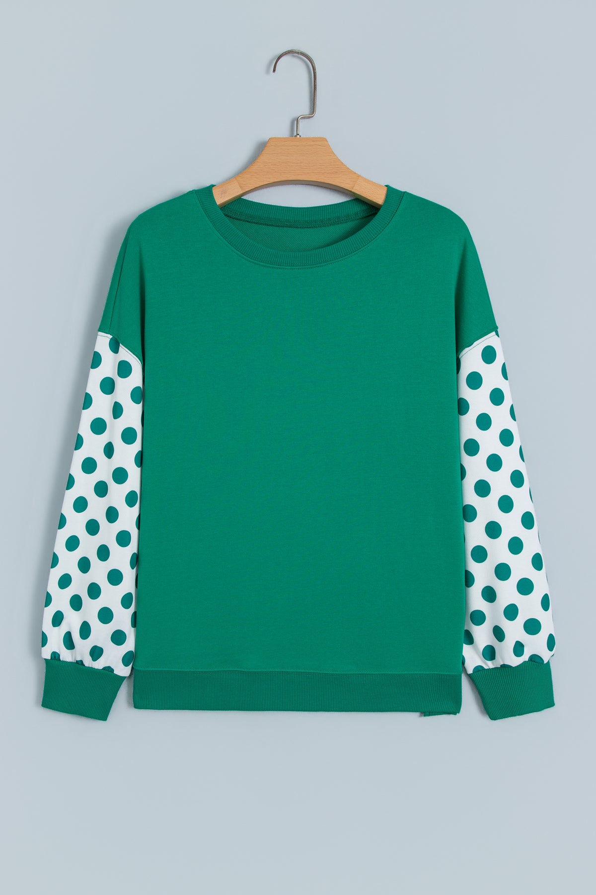 Khaki Polka Dot Patchwork Sleeve Crew Neck Sweatshirt