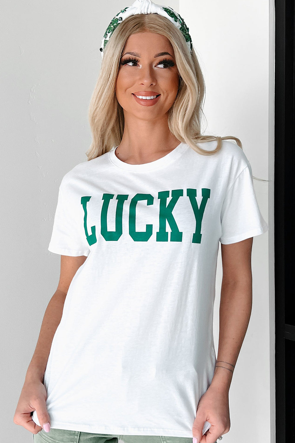 White LUCKY Printed Round Neck St Patricks T-Shirt