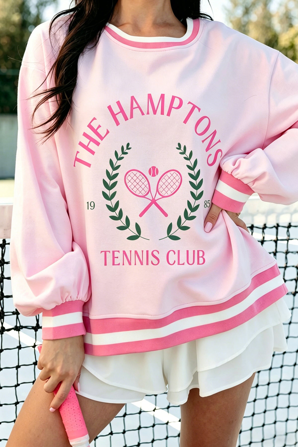 Pink Embroidered Tennis Club Crew Neck Sweatshirt
