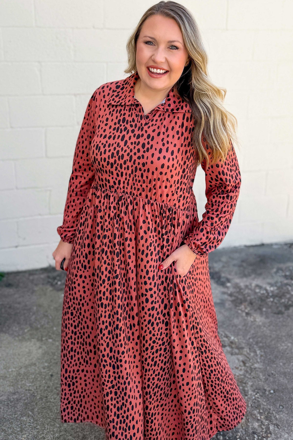 Red Leopard Print Long-Sleeve V-Neck Plus Size Midi Dress