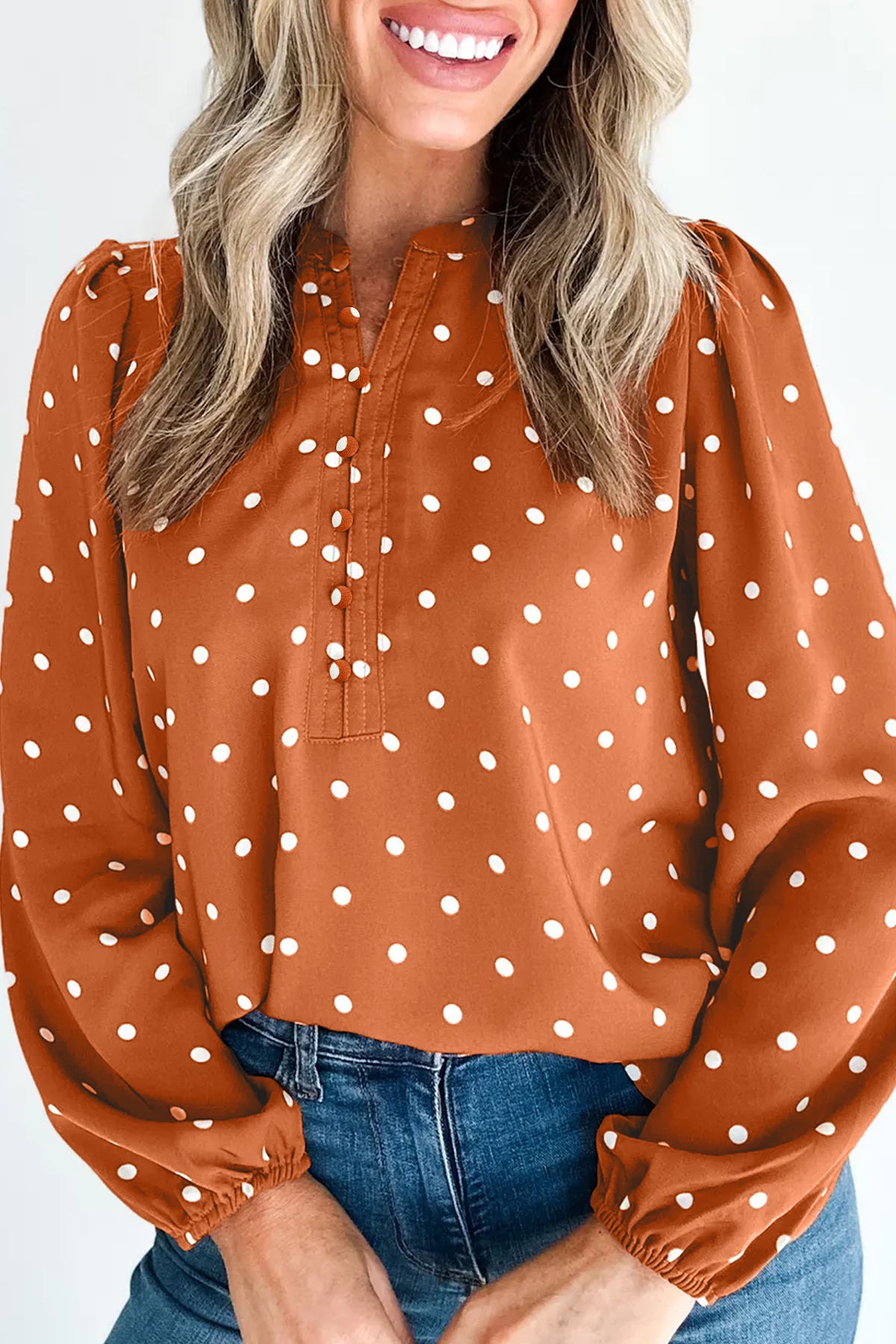 Brown Polka Dot Half Button V Neck Blouse