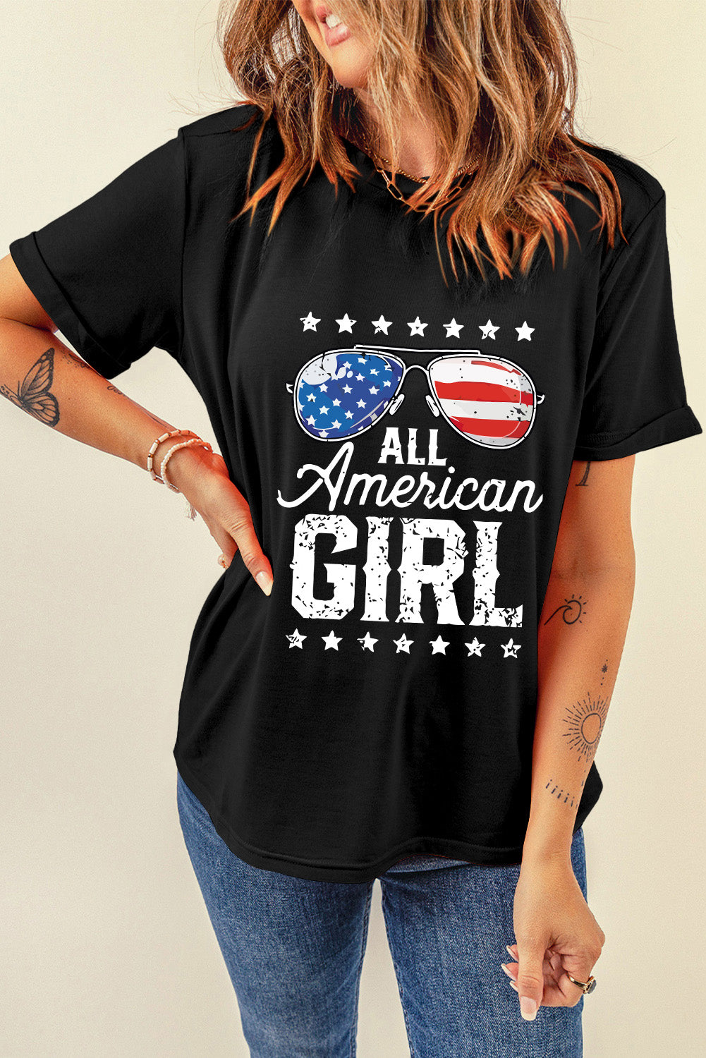 Black Stars and Stripes Glasses Slogan Graphic T-Shirt