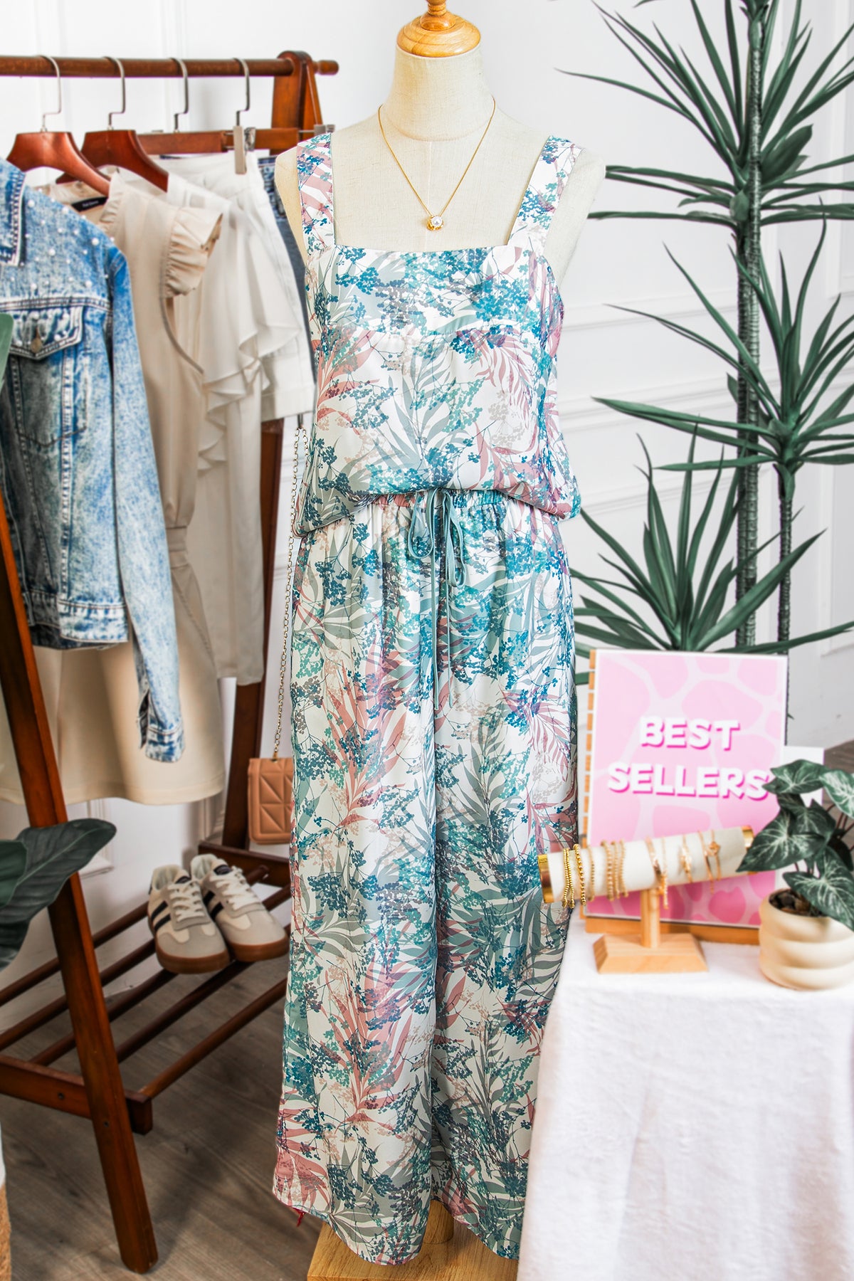 Women's Green Tropical Palm Printed Cropped Tank Wide Leg Pants Two-Piece Set