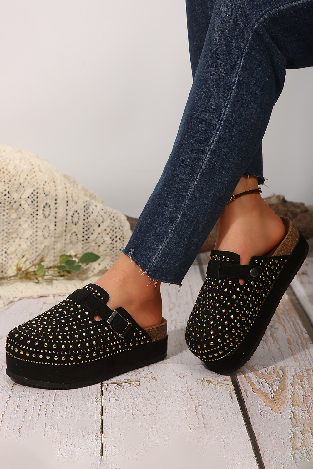 Black Rivet Buckle Closed Toe Platform Sandals