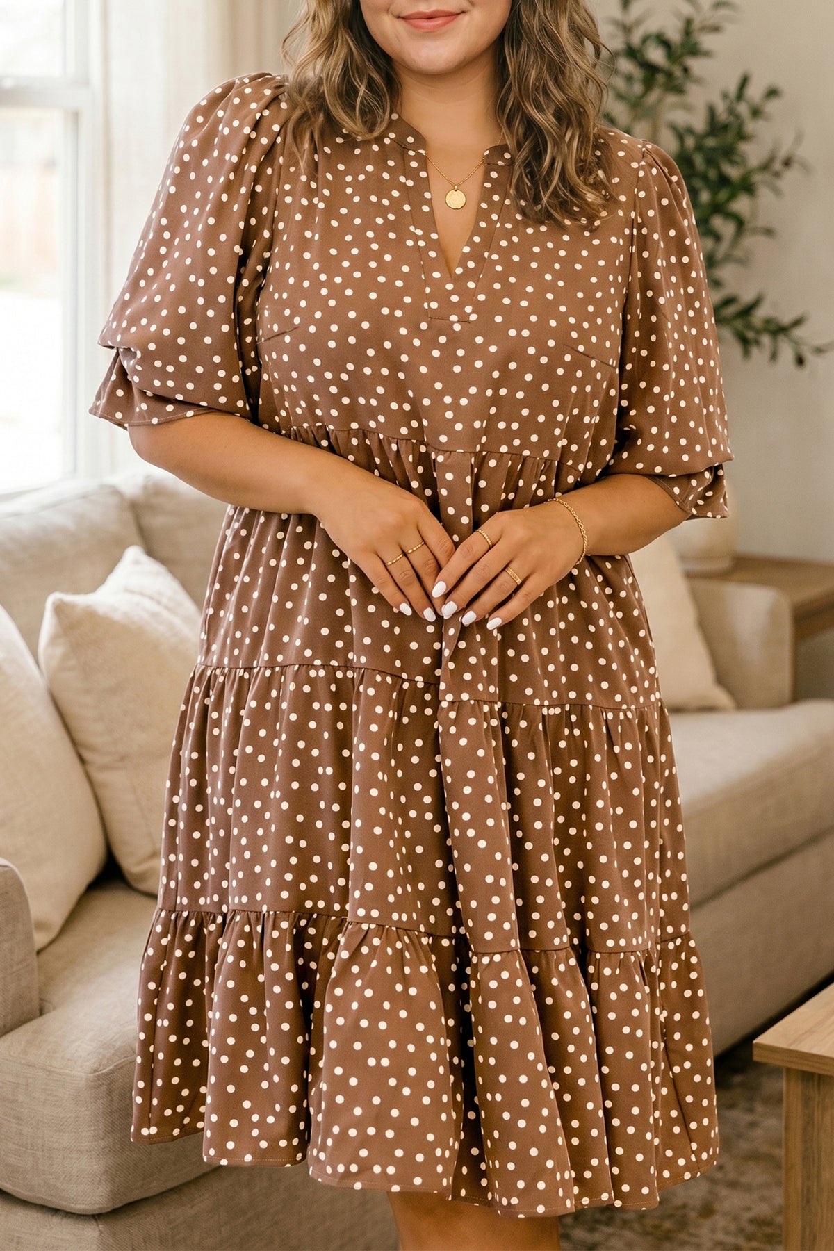 Brown V-Neck Polka Dot Long-Sleeve Shift Plus Size Dress