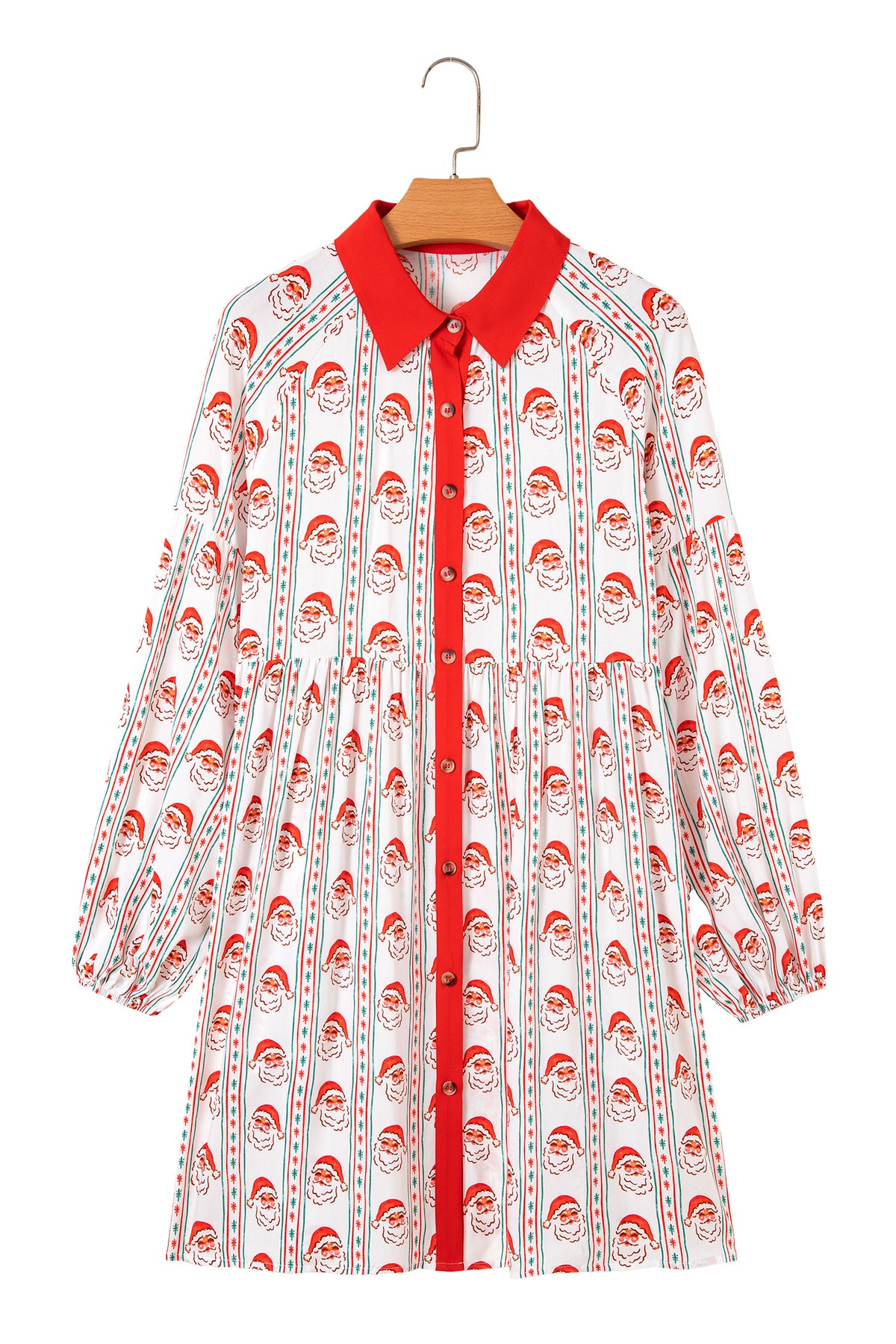 White Father Christmas Contrast Collar Long Sleeve A-line Mini Dress