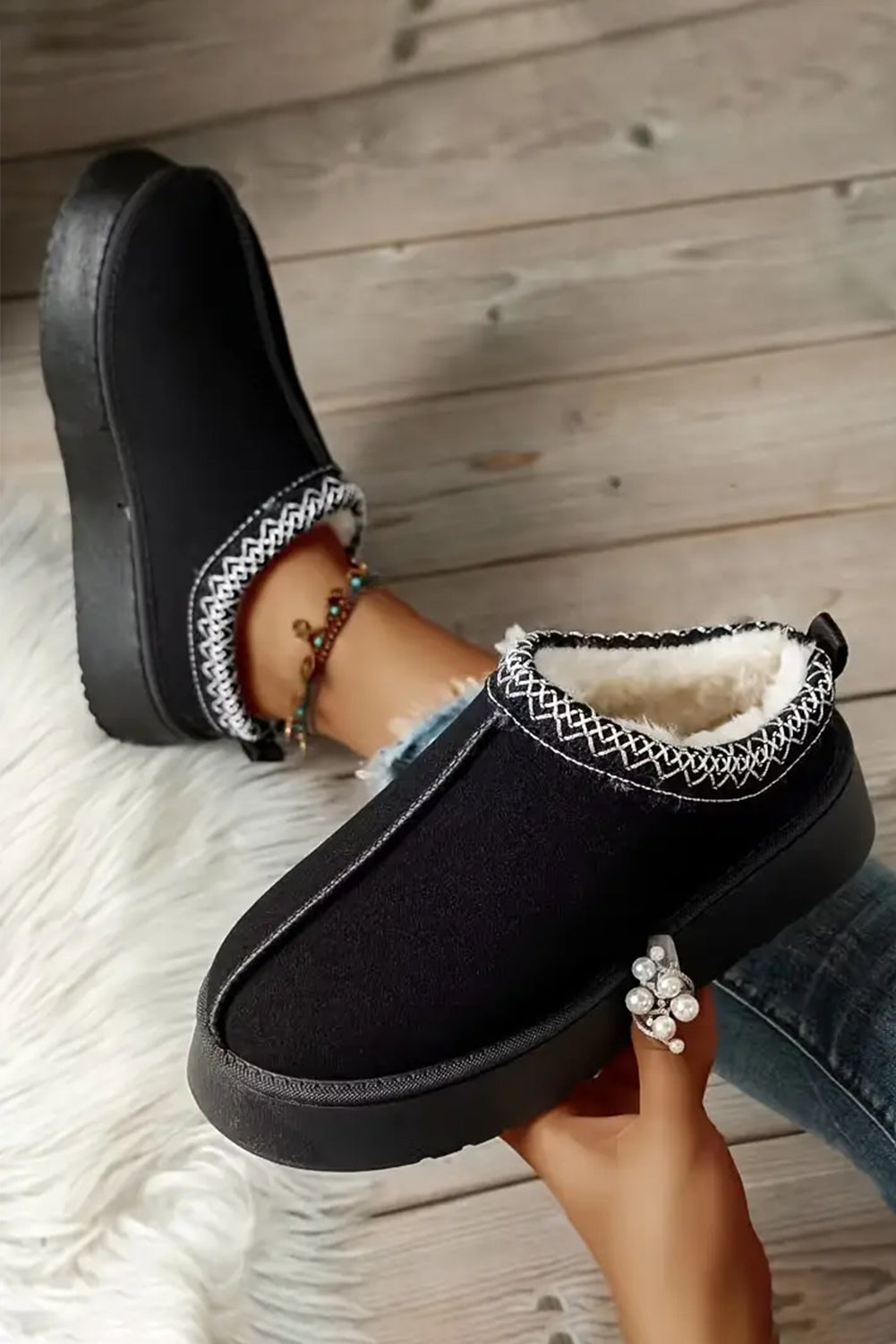Chestnut Faux Suede Embroidered Plush Lined Platform Slippers