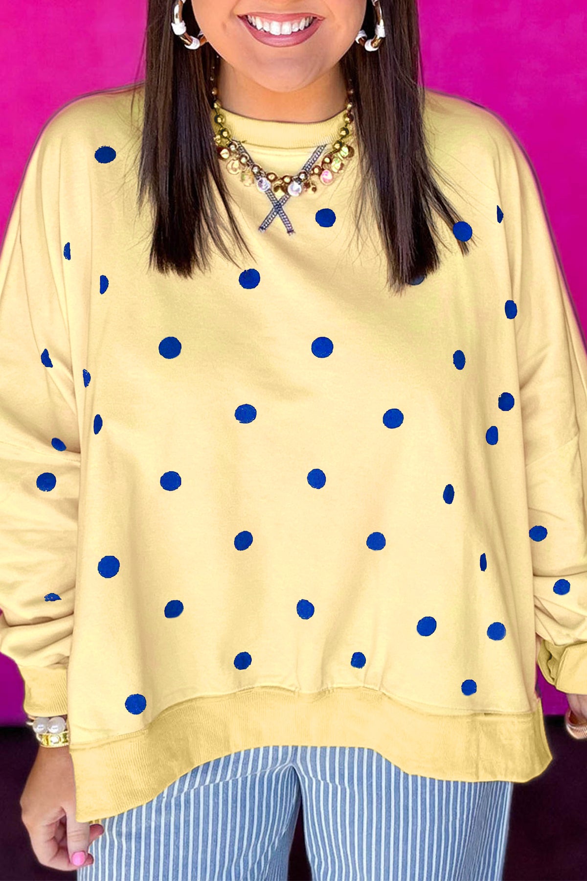 Yellow Round-Neck Long-Sleeve Polka Dot Plus Size Top