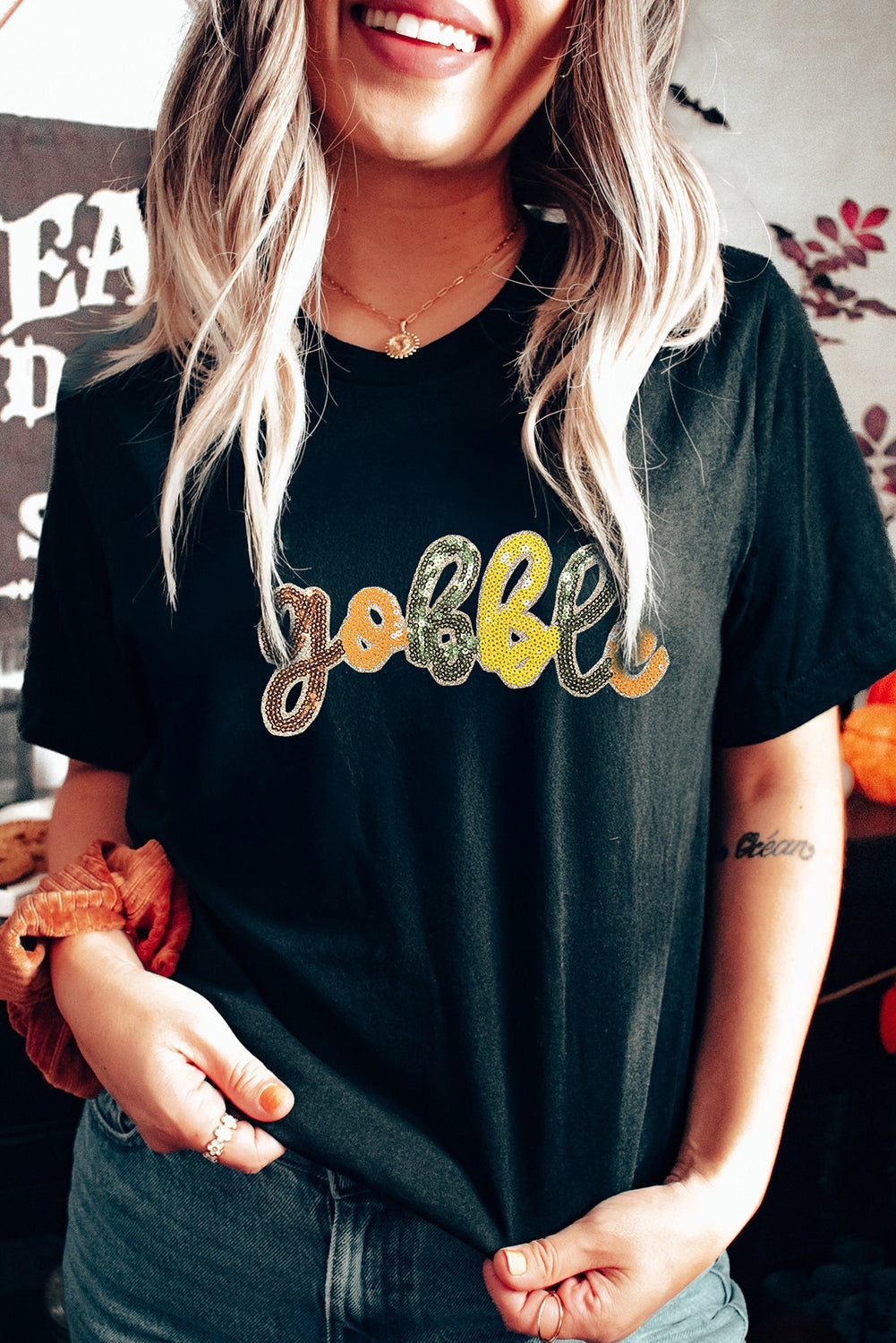 Black gobble Sequin Letter Graphic Thanksgiving T-Shirt